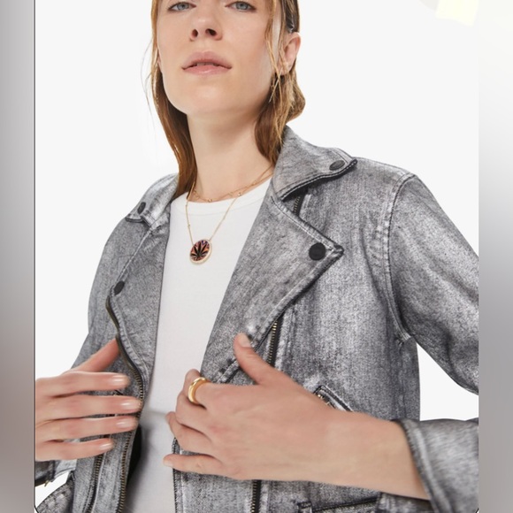 Mother Denim Friday Night Freestyle Metallic Silver Coated Moto Jacket XS - Picture 2 of 12